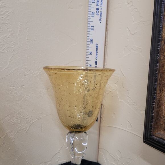 Two - Hand Blown Bubble Wine; Water Goblets. 1 Yellow; 1Green; 8" Tall - Picture 4 of 5